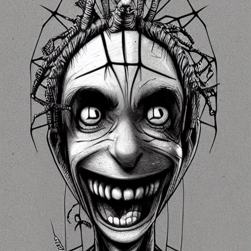 Prompt: grunge cartoon sketch of a spider with a human head with a wide smile by - michael karcz, loony toons style, horror theme, detailed, elegant, intricate