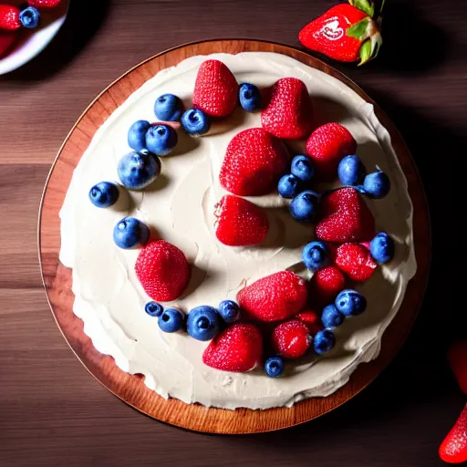 Image similar to A photo of a cake from the side on a wooden table, with cream spread on the sides and strawberries, raspberries and blueberries placed in circles on top. Sunset. 4K. Cinematic lighting. High detail. Realistic. Delicious.