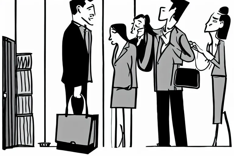 Image similar to tall, security guard checks the bags of a worried looking couple, man and woman, art in the style of the new yorker