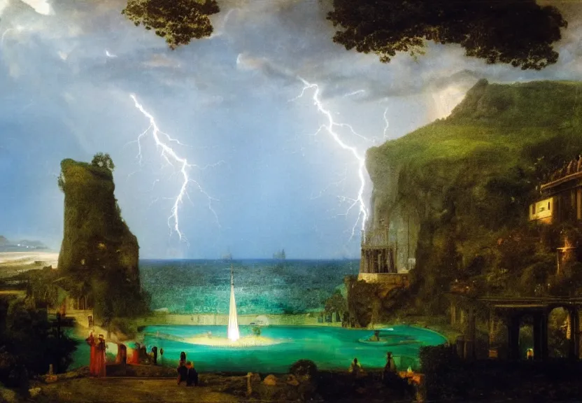 Image similar to Palace of the chalice, refracted sparkles, thunderstorm, greek pool, beach and Tropical vegetation on the background major arcana sky, by paul delaroche, hyperrealistic 4k uhd, award-winning, very very very detailed