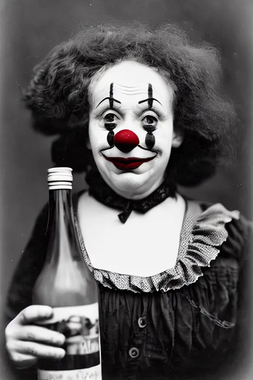 Prompt: old realistic photo of face of a female sad and tired clown, clown is holdind wine bottle, photograph, early 1 9 0 0's, black and whitehighly detailed, matte, sharp focus, smooth, sharp focus, illustration