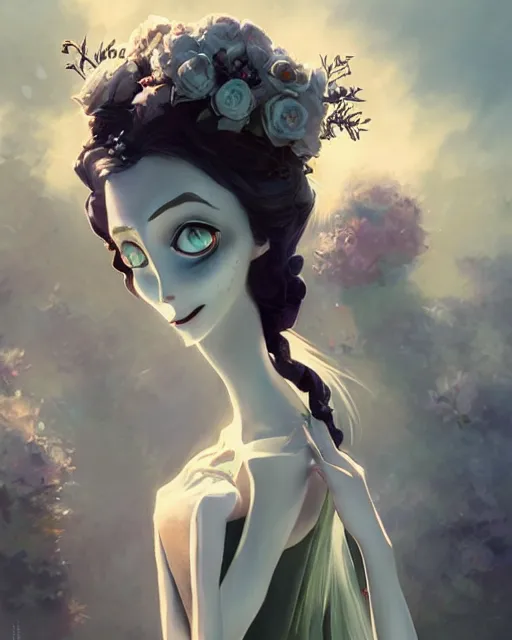 Image similar to elegant mysterious solemn zombie victoria everglot from the corpse bride, portrait, illustration, rim light, top light, summer clear blue sky, perfectly shaded, soft painting, art by krenz cushart and wenjun lin