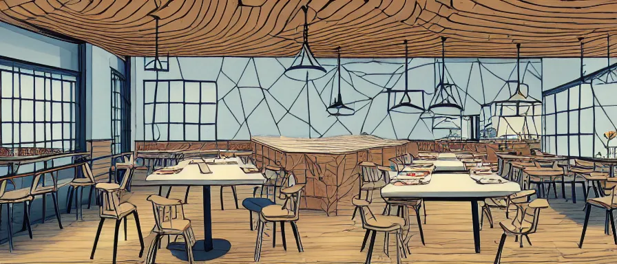 Image similar to a beautiful interior view illustration of a small roasted string hotpot restaurant of baota mountain in yan'an city, animation illustrative style, from china, restaurant theme wallpaper is baota mountain, rectangle white porcelain table, black chair, simple style structure decoration design, victo ngai, james jean, 4 k hd