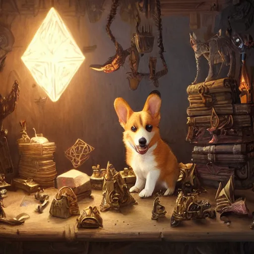 Prompt: d & d character art, thaumaturgist corgi puppy in a workshop full of arcane trinkets, intricate, highly detailed digital illustration, magical, fantasy, glowing, greg rutkowski, artgerm, trending on artstation, 8 k