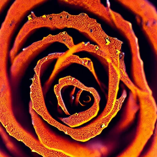 Image similar to award - winning macro of a beautiful black rose made of glowing molten magma