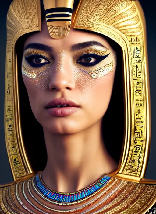 Image similar to portrait of egyptian princess, intricate, technology, sharp focus, octane render, realistic, detailed, beautiful, unreal engine, symmetrical!!, maybelline, sephora, loreal, artstation, art by artgerm, rossdraws, art by karol bak, makeup by pat mcgrath, cinematic, concept art, filmic, vsco