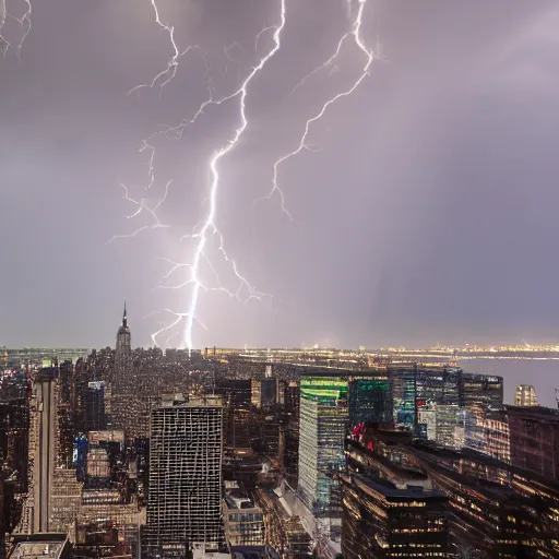 Image similar to Professional photo of an epic thunderstorm over NYC, view from Brooklyn Heights, wide lens, Nikon DSLR, real, realistic, high resolution 8k, drone footage, 500px