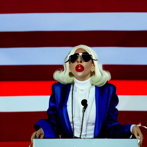 Image similar to Lady Gaga as president, Argentina presidential rally, Argentine flags behind, bokeh, giving a speech, detailed face, Argentina