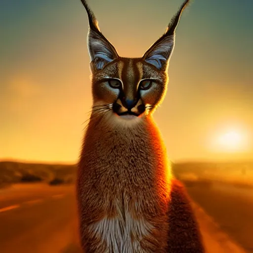 Image similar to a cute fluffy caracal in a sunset light landscape with historical route 6 6, lots of sparkling details and sun ray ’ s, blinding backlight, smoke, volumetric lighting, colorful, octane, 3 5 mm, beautiful epic colored reflections, very colorful heavenly, softlight