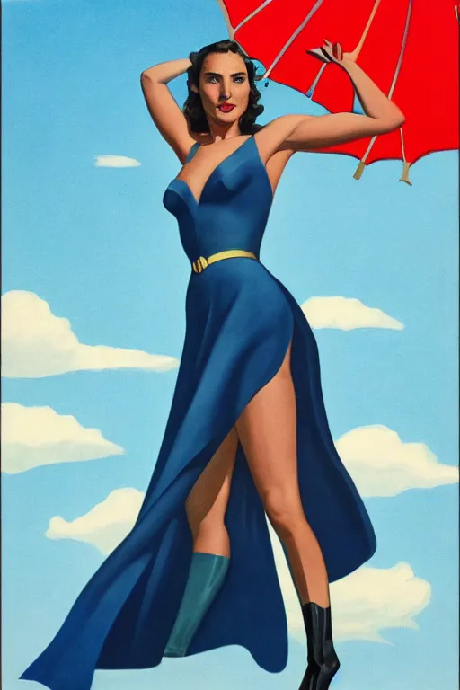 Prompt: full body portrait of gal gadot in the style of bill medcalf, blue sky with a few clouds, retro, 1 9 5 0, 4 k, detailed, 1 / 3 headroom, rule of thirds