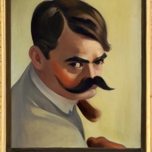 Image similar to a brown haired man with a mustache staring deeply at camera, detailed, edward hopper,