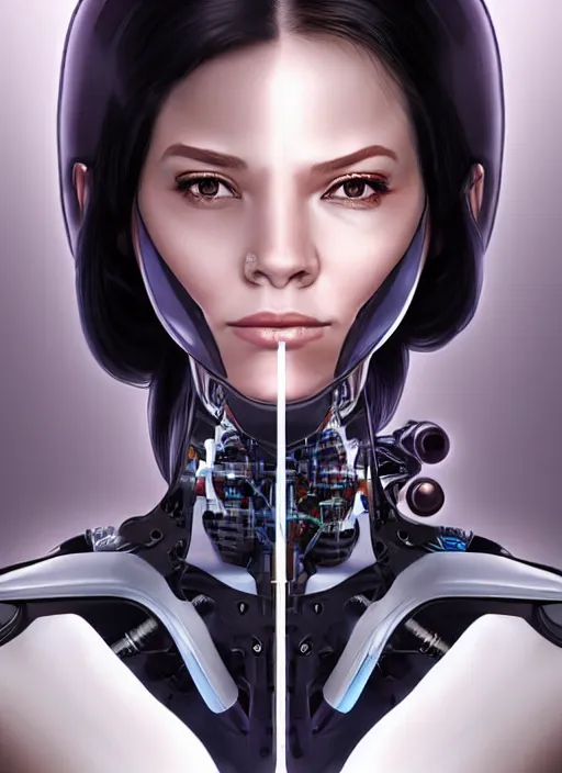 Image similar to portrait of a cyborg woman who turns her head to the (((((right))))) left!!! (((((up))))) ((((((((((down)))))))))) by Artgerm,eyes closed , biomechanical, hyper detailled, trending on artstation