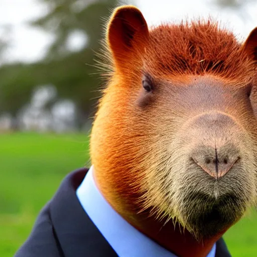 Image similar to capybara head, a man wearing a suit capybara head