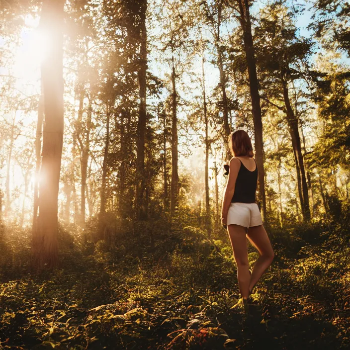 Image similar to a woman, in nature, backlit, wearing shorts, backlit, photo by Marat Safin, Canon EOS R3, f/1.4, ISO 200, 1/160s, 8K, RAW, unedited, symmetrical balance, in-frame