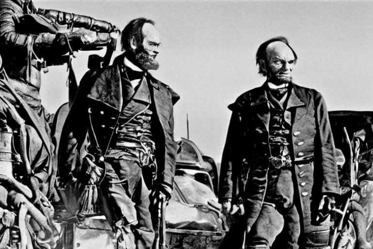 Prompt: William Tecumseh Sherman and Abraham Lincoln in Mad Max Road Warrior, interior, screenshot, cinematic Eastman 5384 film