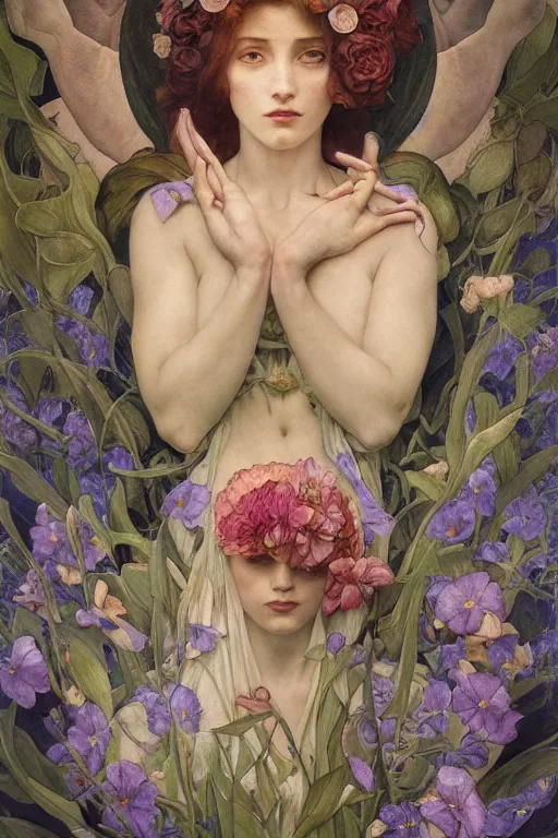 Image similar to flower maiden, by annie swynnerton and tino rodriguez and charlie bowater and tom bagshaw and nicholas roerich and jean delville and evelyn de morgan and lucien freud, dramatic lighting, floral tattoos, rich colors, smooth sharp focus, anime key visual, extremely detailed, adolf wolfli