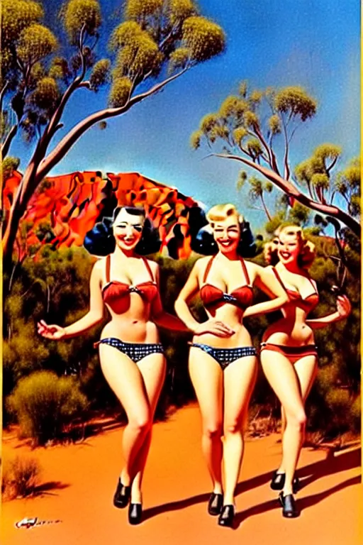 Image similar to 1940s group of pinup bikini girls walking around 1940s Ayers Rock, Uluru, in Australia, oil painting, by Gil Elvgren