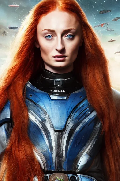 Image similar to Sophie Turner as a Space commander, detailed face