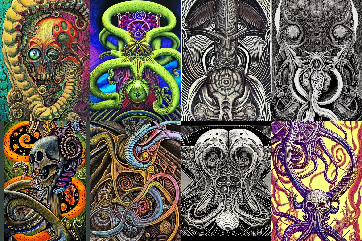 Prompt: artwork by hp lovecraft, h. r. giger, aaron horkey, amanda sage, alex grey, frank stella and akira toriyama. butterflies, vibrant, dmt, skull, tentacle, octopus, mushroom, fungi, bio - mechanical, steampunk, horror, design. artstation, trending, uhd, 4 k, detailed, award - winning.