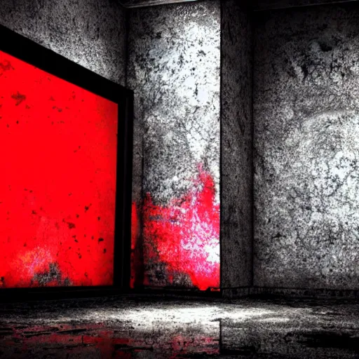 Image similar to cctv of an extremely dark empty abandoned building with glowing humanoid cryptid made out of television static, dark deep black shadows, red and black color contrast in the style of trevor henderson and james ensor goya, liminal space, 3 d octane render, glitch effect