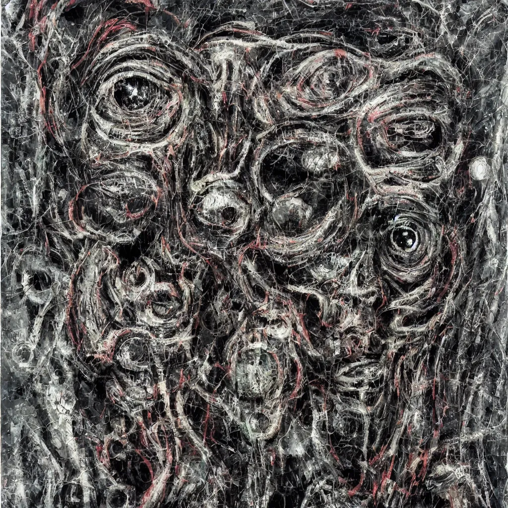 Image similar to camo made of eyes, technical, acrylic, teeth, eerie, tribal, clay, dotting, lines, stipple, points, cybernetic, style of old painting, francis bacon art, rei kawakubo art, hypnosis, eerie, terror, oil, neon, black and white background, splotches, colorful dots, ominous, terror, teeth, smiles