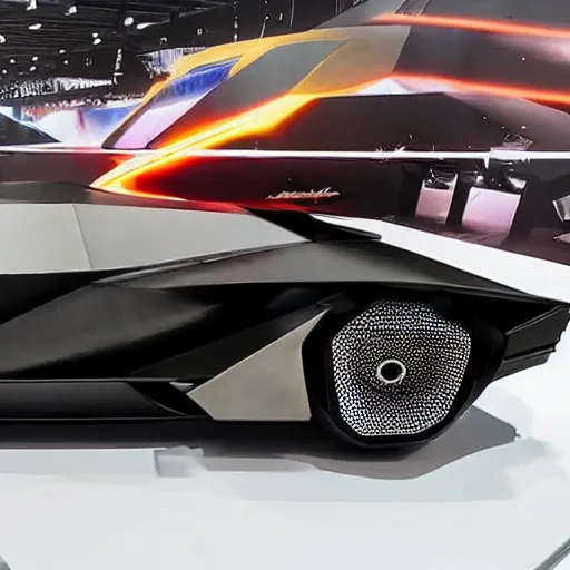 Prompt: A futuristic Lamborghini from Blade Runner 2049 on display at an auction.