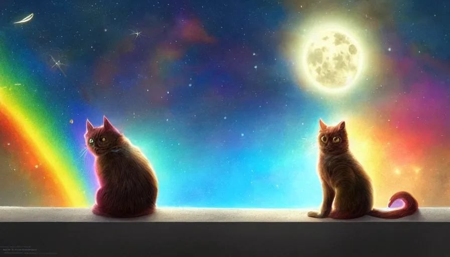 Image similar to shiny rainbow cat looking at the stars, sitting on rooftop, gold moon, hyperdetailed, artstation, cgsociety, 8 k