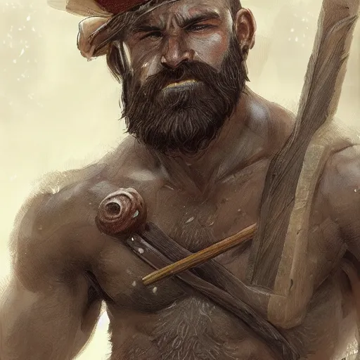 Image similar to portrait of a rugged ranger, muscular, upper body, hairy torso, D&D, fantasy, intricate, elegant, highly detailed, digital painting, artstation, concept art, smooth, sharp focus, illustration, art by Charles Sillem Lidderdale