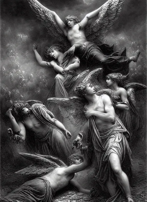 Image similar to fallen angels, epic scene, photorealistic, highly detailed, texture, soft light, dramatic, moody, ambient, painting by gustave dore