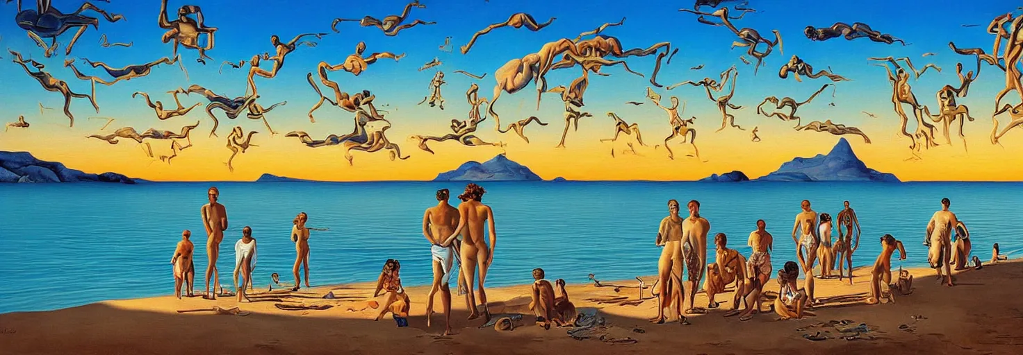 Image similar to People in beach by Salvador Dali and Bob Ross collaboration, mural, sun set, digital art, high details