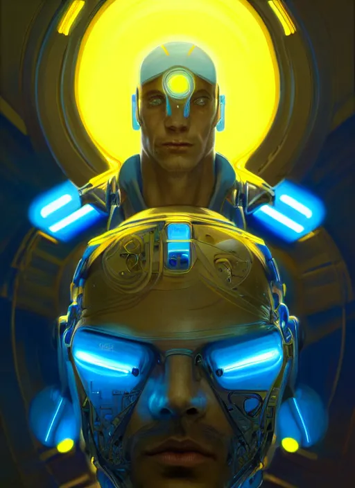 Prompt: symmetry!! portrait of a cyborg man, sci - fi, tech wear, blue and yellow glowing lights!! intricate, elegant, highly detailed, digital painting, artstation, concept art, smooth, sharp focus, illustration, art by artgerm and greg rutkowski and alphonse mucha