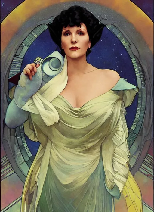 Image similar to a painting of majel barrett as lwaxana troi. beautiful art by artgerm and greg rutkowski and alphonse mucha