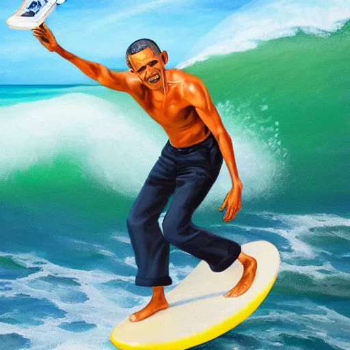 Image similar to barack obama surfing in rough surf holding a margarita, realistic, high detail, volumetric light, sharp focus, concept art, intricate details, highly detailed, 4 k