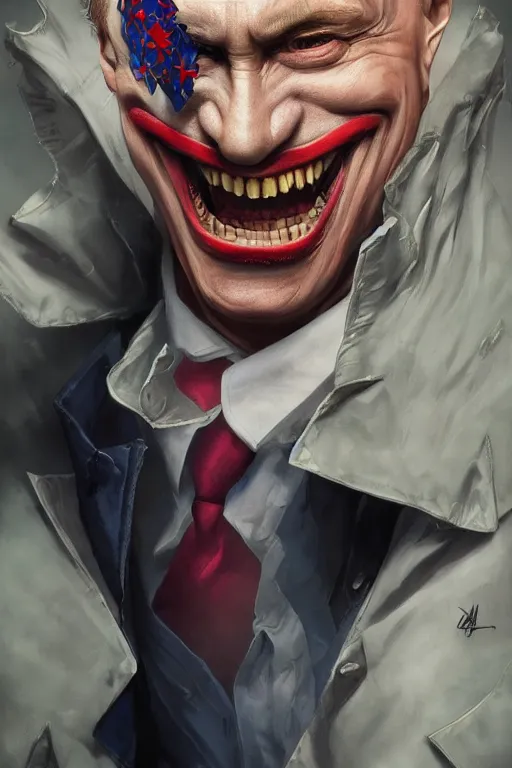 Prompt: vladimir putin as a joker, realistic, high definition, 4 k, shimmering color, hyper detailed, art of greg rutkowski and magali villeneuve and artgerm