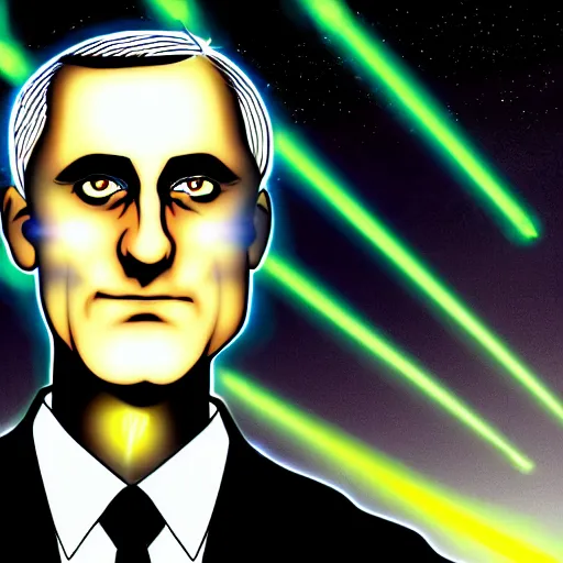 Image similar to bright glowing eyes, digital illustration of secretary of denis mcdonough face with demonic laser eyes, cover art of graphic novel, eyes replaced by glowing lights, glowing eyes, flashing eyes, balls of light for eyes, evil laugh, menacing, Machiavellian puppetmaster, villain, clean lines, clean ink