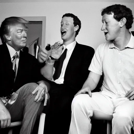 Prompt: 3 5 mm photograph of mark zuckerberg and donald trump having a fart war