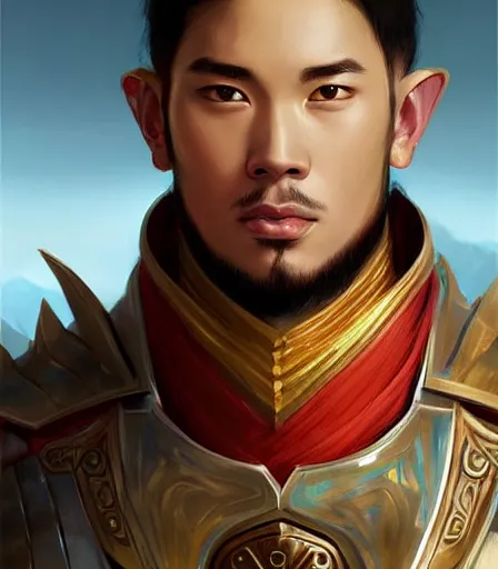 Prompt: Attractive Asian Male Dragonborn Paladin full wide angle portrait, highly detailed, digital painting, artstation, concept art, sharp focus, illustration, art by artgerm and greg rutkowski and alphonse mucha