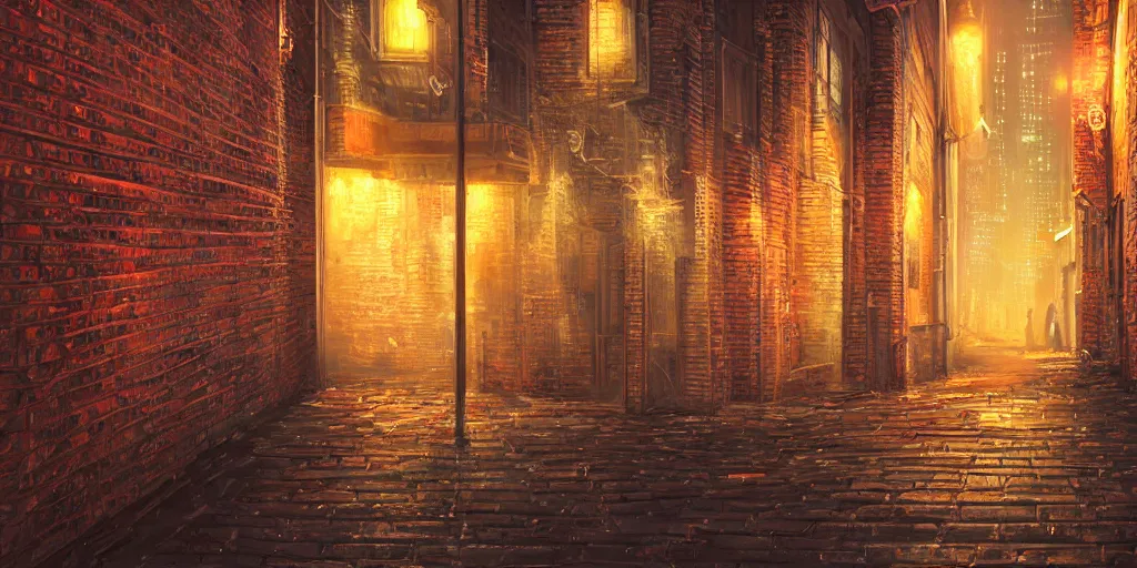 Image similar to ultra realist and ultra intricate detailed soft painting of an alleyway corner at night, reflective city nights, neon glow, city background, brick wall, artstation, unreal render, depth of field