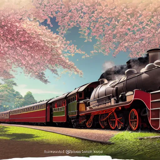 Prompt: concept art painting of a historic transverse view of a steam train, the train carries a cherry tree in flower, realistic, detailed, cel shaded, in the style of makoto shinkai and greg rutkowski and james gurney