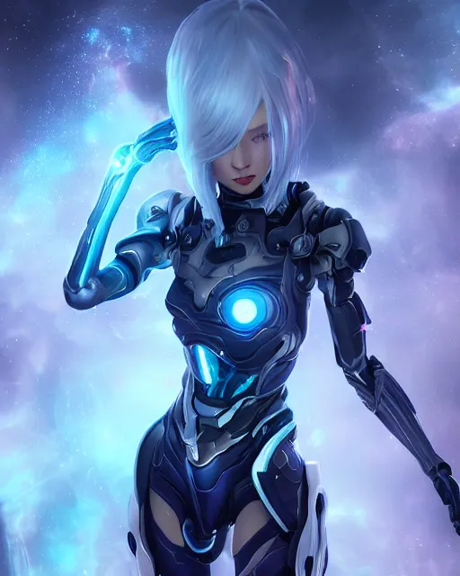 Image similar to perfect android girl on a mothership, warframe armor, beautiful face, scifi, futuristic, galaxy, nebula, raytracing, dreamy, long white hair, blue cyborg eyes, sharp focus, cinematic lighting, highly detailed, artstation, divine, by gauthier leblanc, kazuya takahashi, huifeng huang