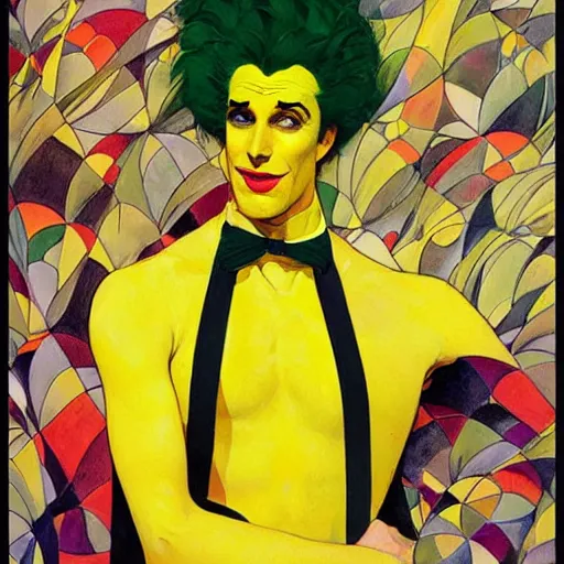 Image similar to art by joshua middleton, the yellow creeper, a tall manically smiling yellow - skinned man with green and black striped cycling shorts and wearing a long red feather boa, yellow makeup, mucha, kandinsky, poster, comic art, stylised design