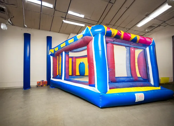 Prompt: photo still of a bounce house in prison!!!!!!!! at age 3 6 years old 3 6 years of age!!!!!!!! inmated jumping in it, 8 k, 8 5 mm f 1. 8, studio lighting, rim light, right side key light