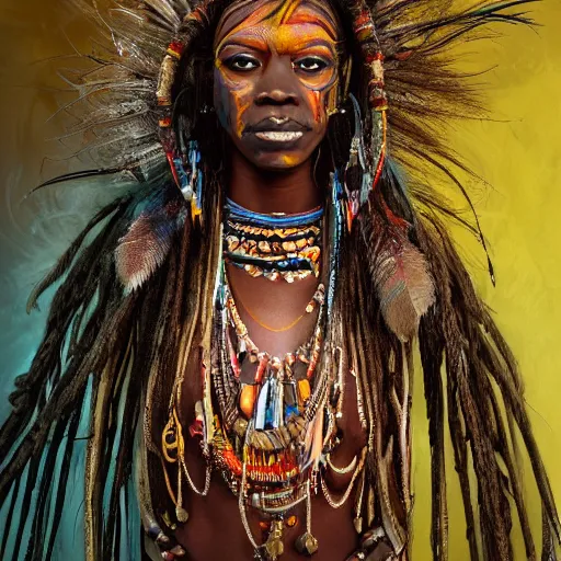 Prompt: editorial full body photo portrait of beautiful and strong African shaman princess at night, souronded with ghosts of animals, shaman body, feathers and paint, photo by mario testino, cinematic, hyper detailed, micro details, insanely detailed, trending on artstation,dark background, dramatic lighting, cinematic angle, concept art, insanely detailed and intricate