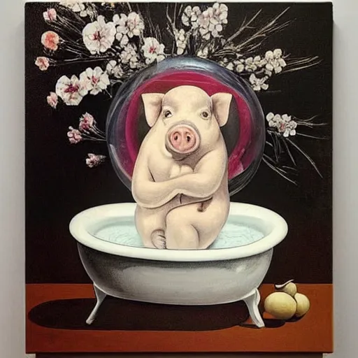 Image similar to “a portrait in an art student’s apartment, a feminine pig in a bubble bath, pork, ikebana white flowers, white wax, squashed berries, acrylic and spray paint and oilstick on canvas, by munch and Dali”