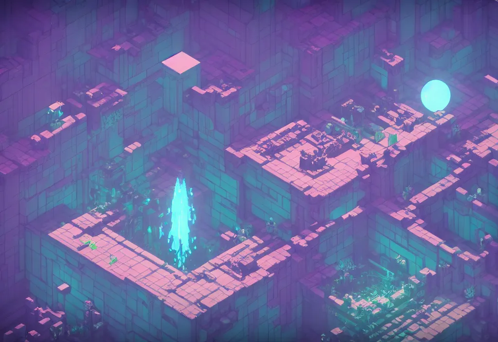 Image similar to isometric magicavoxel bloodborne no mans sky large room, vaporwave, cinematic lighting, 4 k