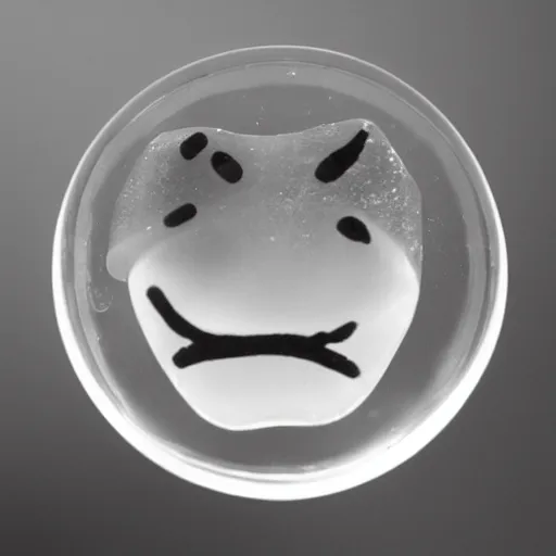 Image similar to an ice cube with a comically sad face crying