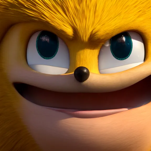 Prompt: High definition picture of ugly sonic with a toothache grin snarling at eggman