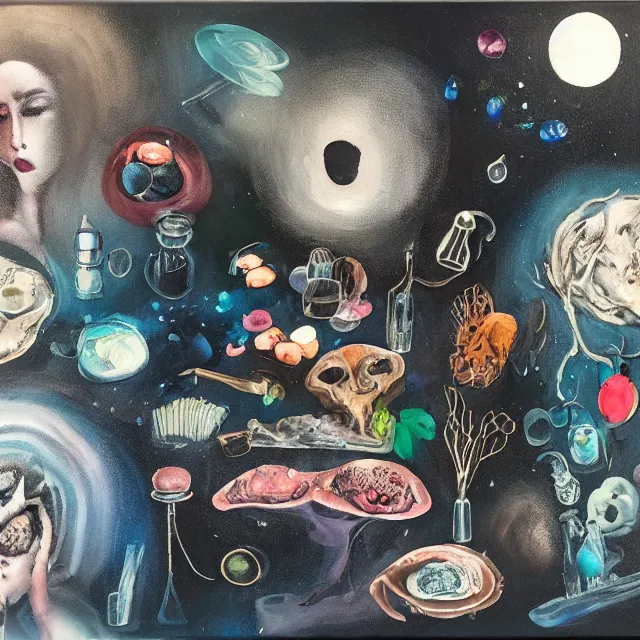 Prompt: sensual, a portrait in a female art student's apartment, pancakes, camp fire, river, dusk, moonlight, another planet, moonscape, barren, berries, octopus, surgical supplies, mushrooms, scientific glassware, fungus, candle dripping white wax, berry juice drips, neo - expressionism, surrealism, acrylic and spray paint and oilstick on canvas