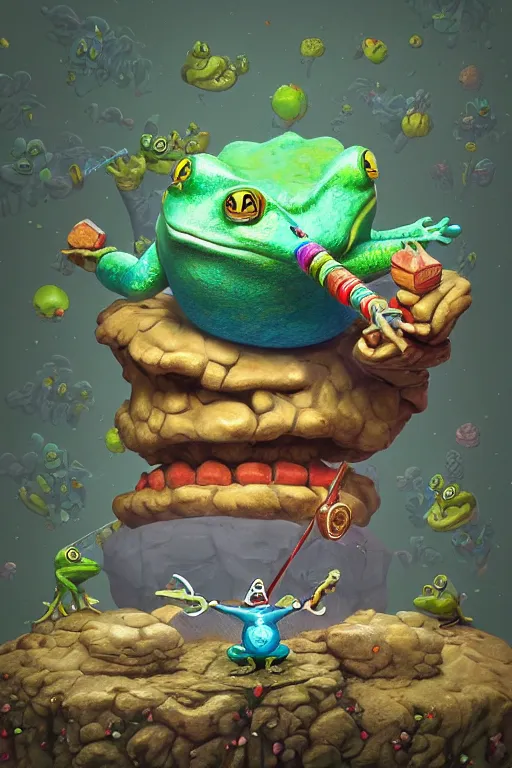 Prompt: clown frog king pulls the sword from the stone, artwork by Todd Schorr, 3D rendering by Beeple