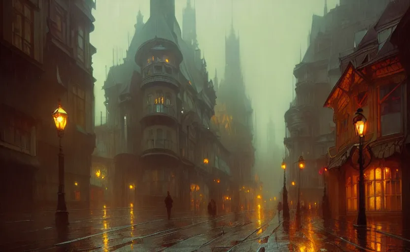 Image similar to an old victorian city with rainy atmosphere and moody and cinematic lighting by alphonse mucha, simon stalenhag and darek zabrocki, cinematic and atmospheric, concept art, artstation, trending on artstation